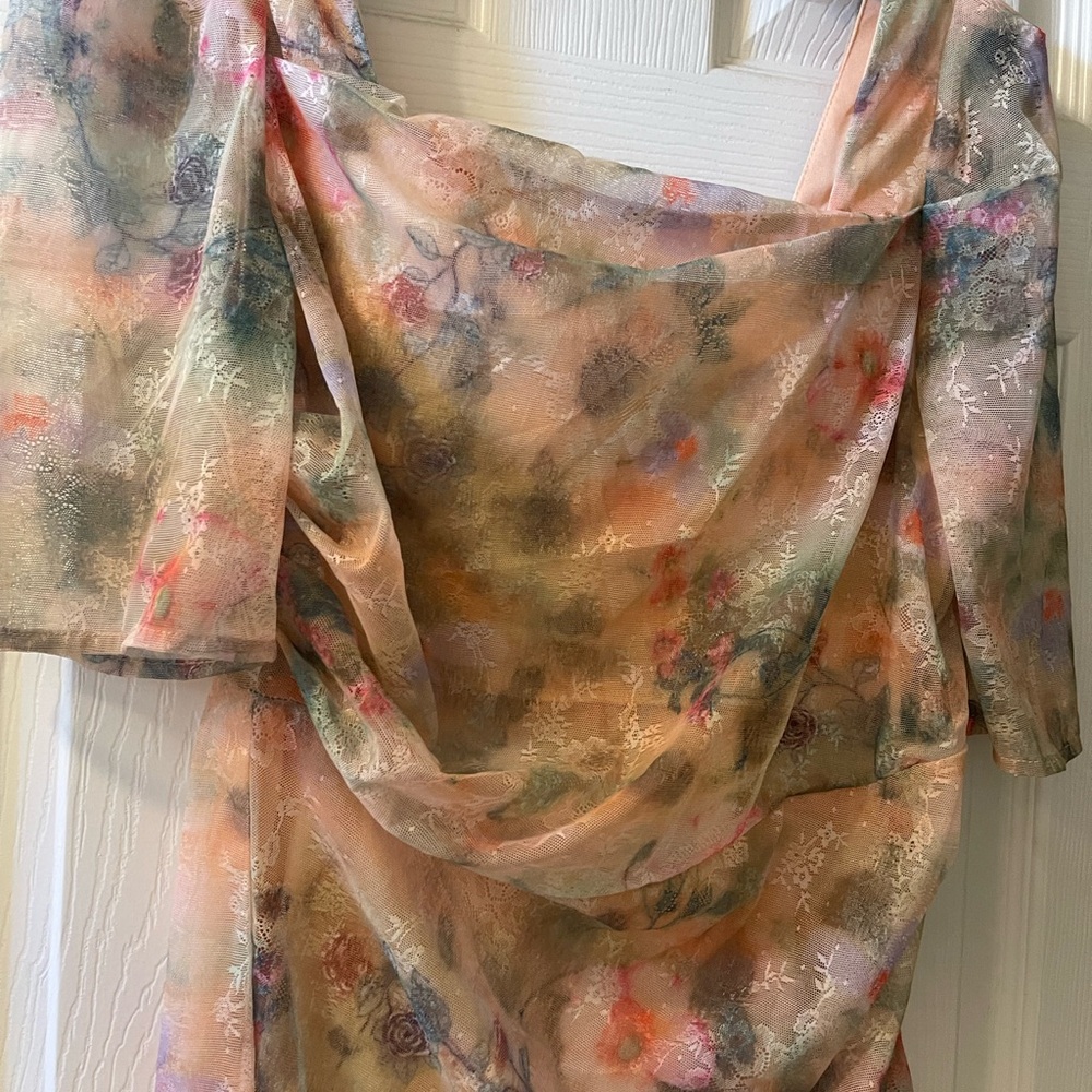 Floral Sheer Dress with Draped Neckline